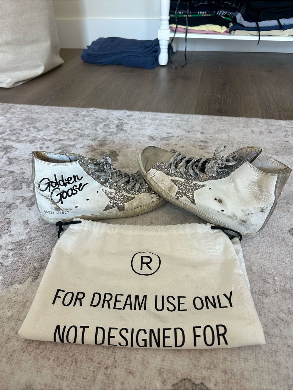 Golden Goose White Leather High-Top Sneakers with Silver Glitter Star
